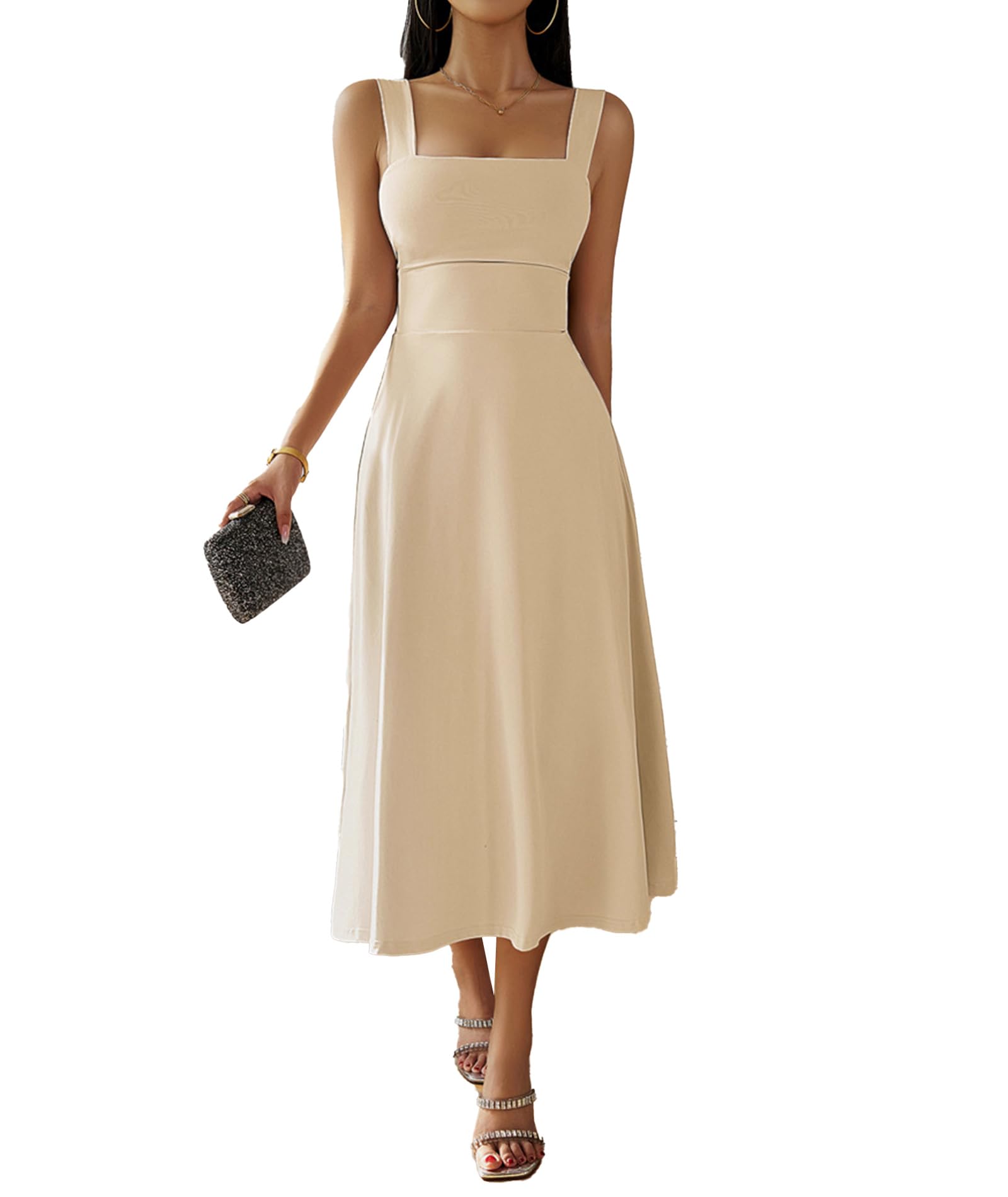 xxxiticat Abito da donna elegante midi 2024 casual, senza maniche, scollo quadrato, linea ad A, abito da cocktail