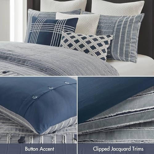Image of Madison Park Comforter Cotton Clipped Jacquard, Oversized Comforters King Size Bed, All Season Down Alternative Overfilled King Size Comforter, Essence, King /Cal King, Blue 9 Piece