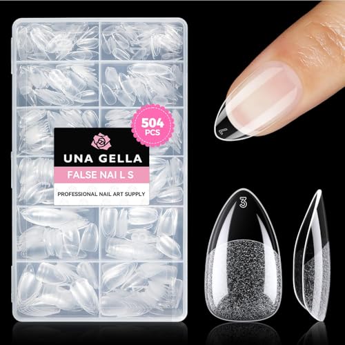 UNA GELLA Kurze Mandel Nail Tips, 504 Stück Nageltips Almond Tips für Gelnägel Soft Gel Nagelspitzen Full Cover Nails Tips für Acrylnägel, Nagelkunst & DIY Nagelstudio zu Hause 12 Größen