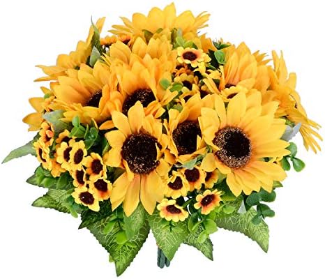 Lvydec Artificial Sunflower Bouquet, 2 Bunches Silk Sunflowers Fake Yellow Flowers for Home Decoration Wedding Decor (2 Pack)