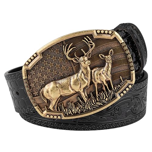 Western Belts for Men Cowboy Leather Belt Bronze Animal Deer Embossed Pattern Buckle Vintage Belt,Black,100CM/39.4''