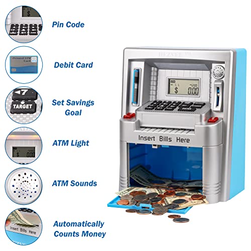 Atm Piggy Bank For Real Money-Teaching Financial Responsibility To Kids, A Bank For Kids Above 3 Years-Combines Fun, Learning For Banking, A Digital Piggy Bank For Boys-Start Saving (Silver And Blue) #TOP3