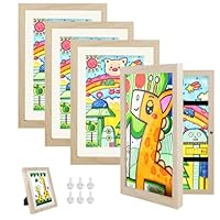 Hipsignal Kids Art Frames, 4 Pack A4 Photo Frame for 150 Pictures, Fillable Front Opening Kids Artwork Display Frame with Mount for Hang or Stand Display Children's Drawings(Wood)