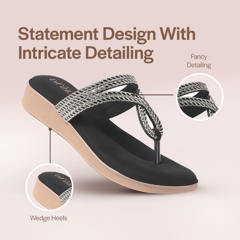 Image of FAUSTO Women T-Strap Slip On Ethnic Sandals with Rhinestone Strap | Wedge Ortho Slip-On Slippers | Perfect for Wedding, Festive Outfits