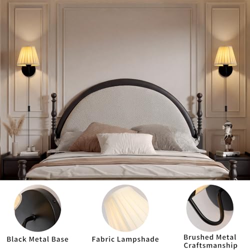Image of Plug in Wall Sconces with White Fabric Shades, Black Wall Sconces Set of Two, Modern Wall Lighting Fixture with On /Off Switch, Indoor Corded Wall Lamp for Bedroom, Living Room, Hallway, Bedside