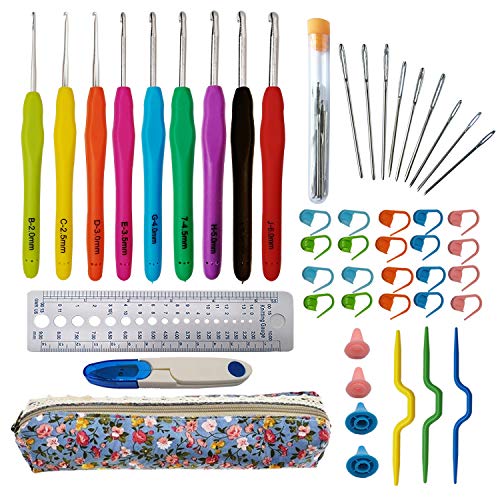 Fuman Forest 49 PCS Crochet Hooks Set Crochet Needles Ergonomic Handle Crochet Hooks Silicone Handle Stainless Steel Hook Crochet Hook Set Locking Stitch Extra Long Knit Needles