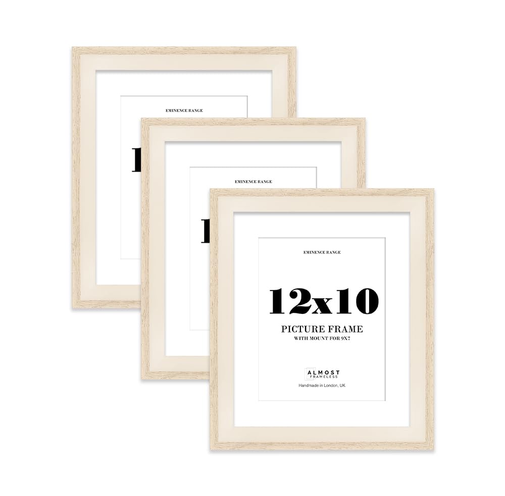 12x10" Oak Picture Frame with 9x7" Mount - Shabby Chic Photo Frame with Distressed Finish, Wall Hooks and Kickstand, 32mm Edge - 3 Pack
