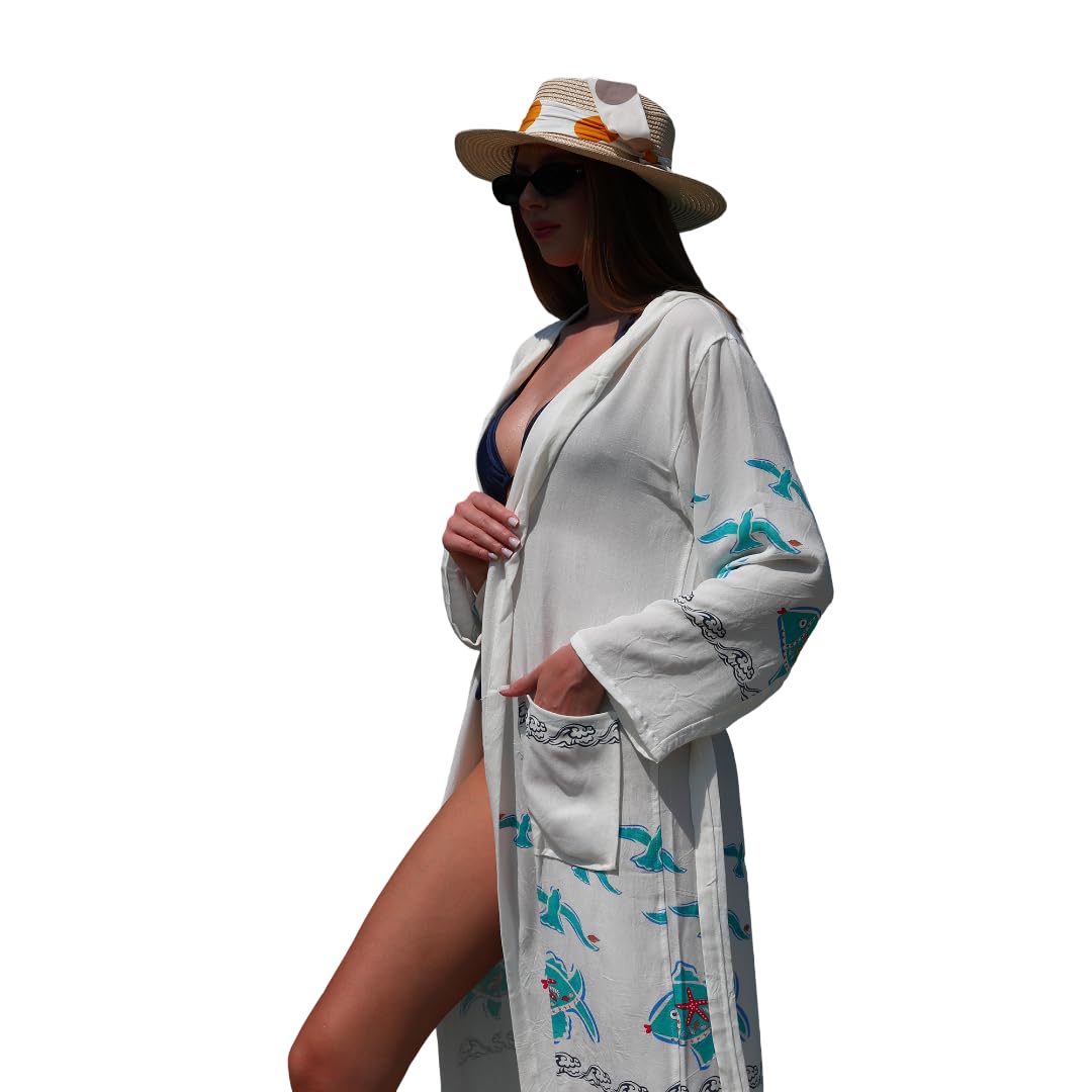 Printed Turkish Towel Bathrobe – Lightweight Cotton Viscose Hammam Robe – Unisex Spa Kimono Style – Quick Dry – S/M/L/XL Sizes (UK, Alpha, One Size, Regular, Regular, 1, BIRDS-FISH)