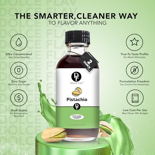 Image of Dolce Flav Pistachio Extract - 2 Ounce Water-Soluble Kosher, Sugar-Free, Concentrated Nutty Pistachio Flavor for Baking, Ice Cream & Pastries, Includes Measured Dropper, Pack of 2