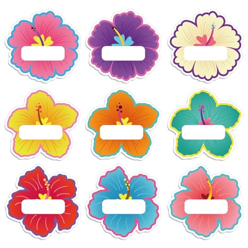Image of Whaline 90Pcs Hibiscus Flower Name Tag Stickers Colorful Floral Blank Nameplate Decals 9 Styles Self-Adhesive Name Labels for Summer Hawaiian Classroom Students Desk Office Decor