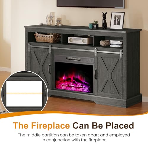Image of RoyalCraft Farmhouse TV Stand for 65+ Inch TV, 34'' Tall Entertainment Center with Sliding Barn Doors, Rustic Wood Media Console Storage Cabinet Television Stand for Living Room, Bedroom (Dark Grey)