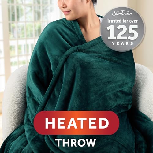 Image of Sunbeam Electric Throw Royal Mink Sherpa Heated Blanket, 4 Heat Settings, 4-Hour Auto Shut-Off, Fast Heating, Luxurious and Ultra Comfy, Botanical Green Color, 50 inch x 60 inch