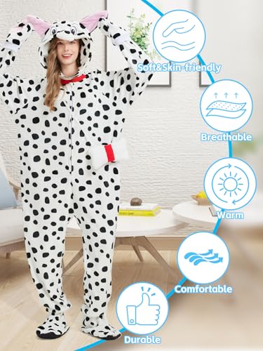 Hislovy Dalmatiner Kostüm Damen Herren, Tier Onesie Erwachsene Schlafanzug-Einteiler für Karneval Halloween Party,Weiß,3XL