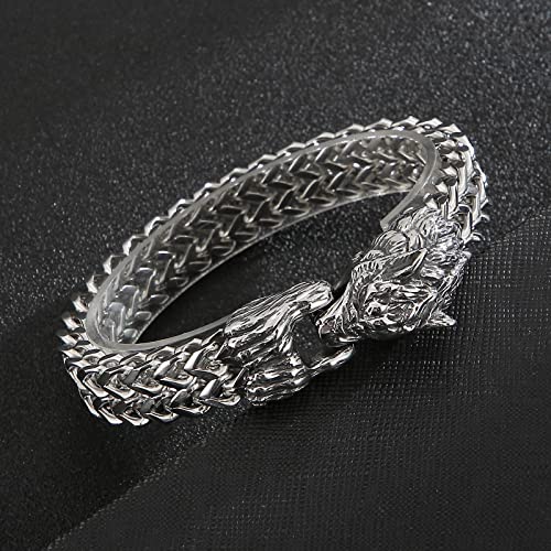 Klapgo 8.6 Inch Wolf Bracelet Cool Viking Bracelet Gift For Men And Boys Silver Men's Bracelet Stainless Steel(Wolf 8.6Inch|) #TOP3