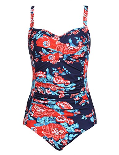 Ekouaer Halter Retro Vintage Bathing Swimwear Women's Tummy Control Monokini One Piece Swimsuit(Flower Blue,XX-Large)