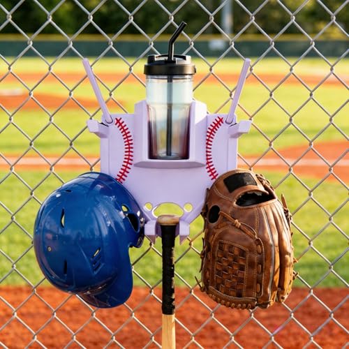 virsomier Baseball and Softball Dugout Organizer, Fence-Mounted Hanging Rack for Bats Helmets Gloves Drinks, Portable and Space-Saving (Purple)