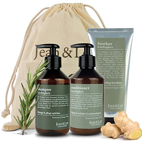 Jean & Len Haarpflege Set Rosemary & Ginger für trockenes und glanzloses Haar, Feuchtigkeit Shampoo, Conditioner und Haarkur, würziger Duft, ohne Parabene & Silikone, 2 x 300 ml + 1 x 200 ml