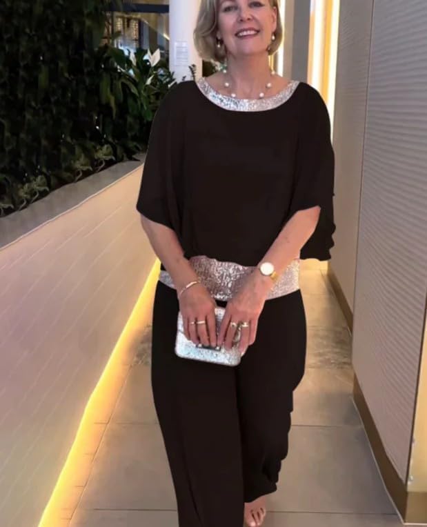 Womens Sequin 2 Piece Wedding Guest Pant Loose Formal Pantsuit for Women Suits for Ladies - Image 6