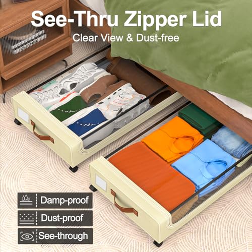 Image of GoMaihe Under Bed Storage with Wheels:48L Underbed Storage Containers with Lids - Rolling Bins for Shoes Clothes in Dorm Bedroom - Metal Drawers Easy Pull-out Beige 4-Pack