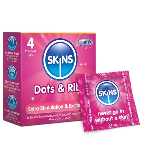 Skins Dots & Ribs Condoms 4 Pack - Ribbed and Dotted Condoms for Enhanced Pleasure - Extra Lubricated Clear Sexual Contraception with Natural Feel with No Latex Smell