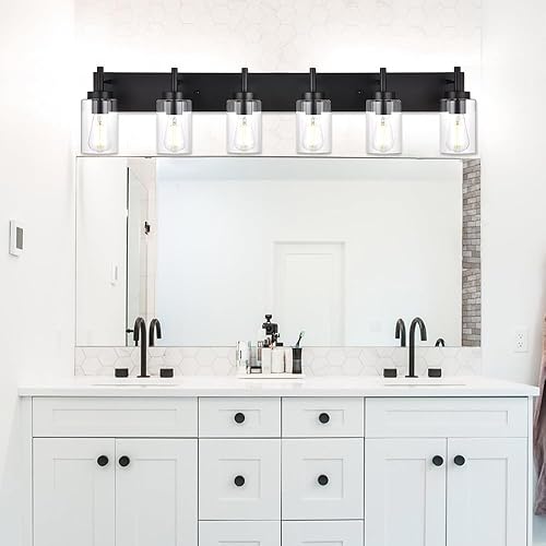 Miniatura 3 de VINLUZ Lámpara de tocador de baño de 6 luces, iluminación de pared moderna negra con pantalla de vidrio transparente, apliques industriales para