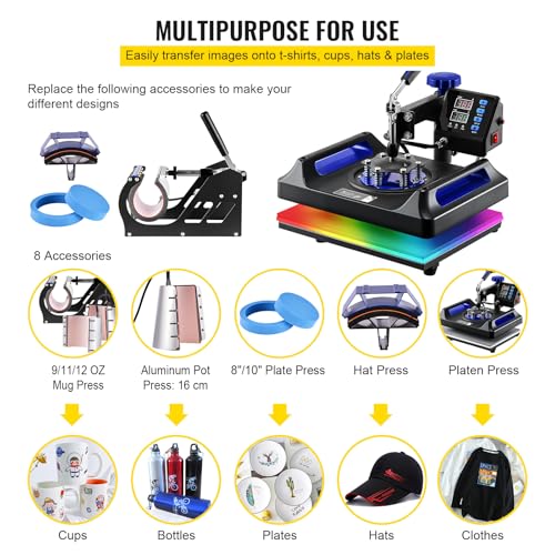Image of VEVOR Heat Press Machine 12 x 15 Inch 8 in 1 Heat Press Sublimation Machine 360 Rotation Swing Away 8 in 1 Shirt Printing Machine Dual-Tube Heating for DIY T-Shirts Cap & Mugs Blue