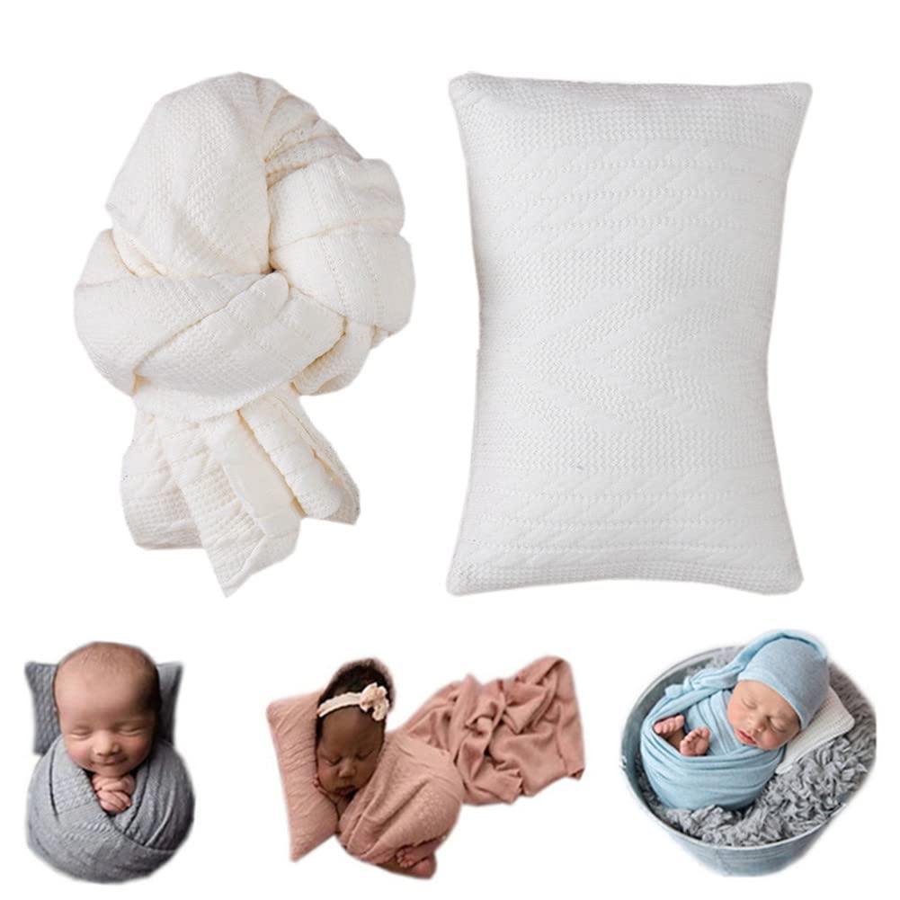 Coberllus Newborn Photography Props Blanket Stretch Knitted Twist Wrap & Posing Pillow Prop for Baby Boys Girls Photo Shoot Set (Creamy White)