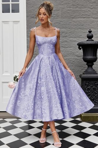 Jacquard Floral Satin Prom Dresses for Women 2025 Spaghetti Straps A-Line Midi Formal Evening Party Gown with Pockets3