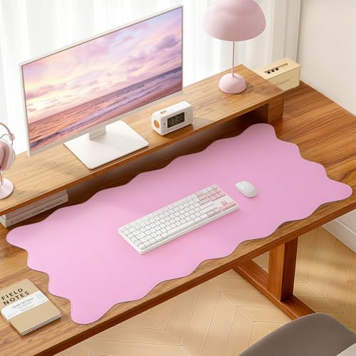 Image of PU Leather Desk Pad, Scalloped Non-Slip Mouse Pad & Large Desk Mat Cover Stitched Edges Writing Pad for Office, Home - Waterproof, Easy to Clean, Durable Surface I 31.4 inchx15.7 inch, Pink