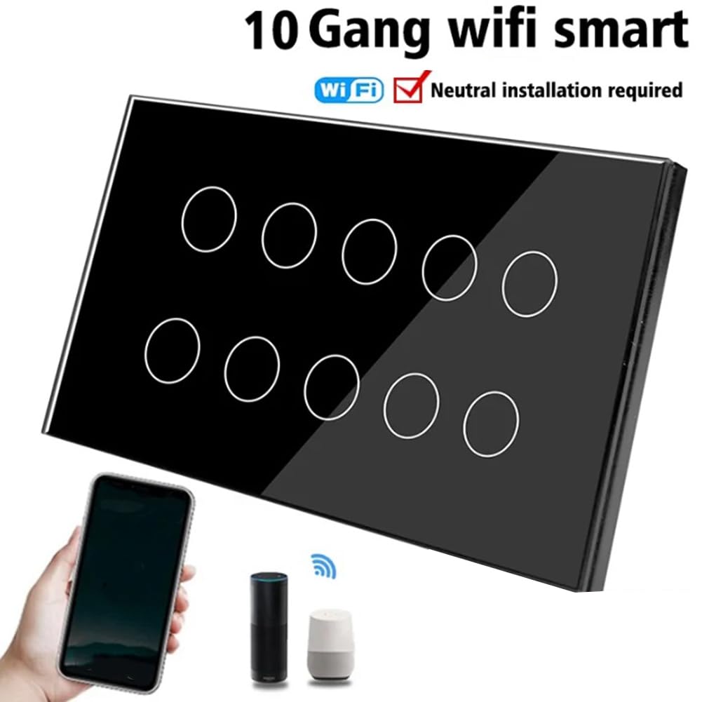 Interruptor de Pared con Luz TáCtil Inteligente Tuya Wifi de 10 VíAs, AplicacióN de Panel de Vidrio Compatible con Home, Control de Toda la Casa