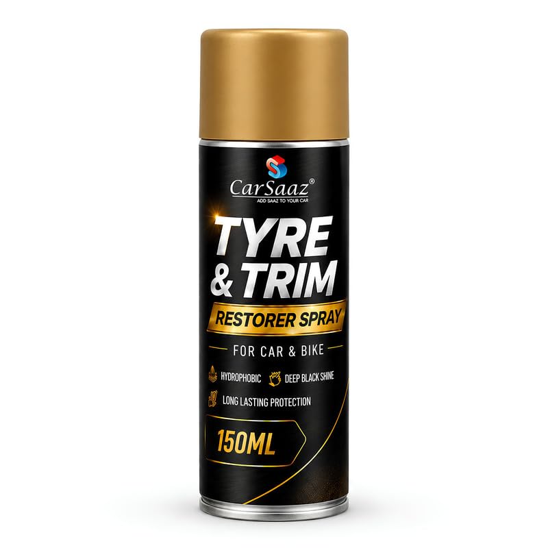 Image of CAR SAAZ Tyre and Trim Restorer Spray 150ml - Restore Faded Plastic, Rubber & Vinyl with Long-Lasting Shine and UV Protection
