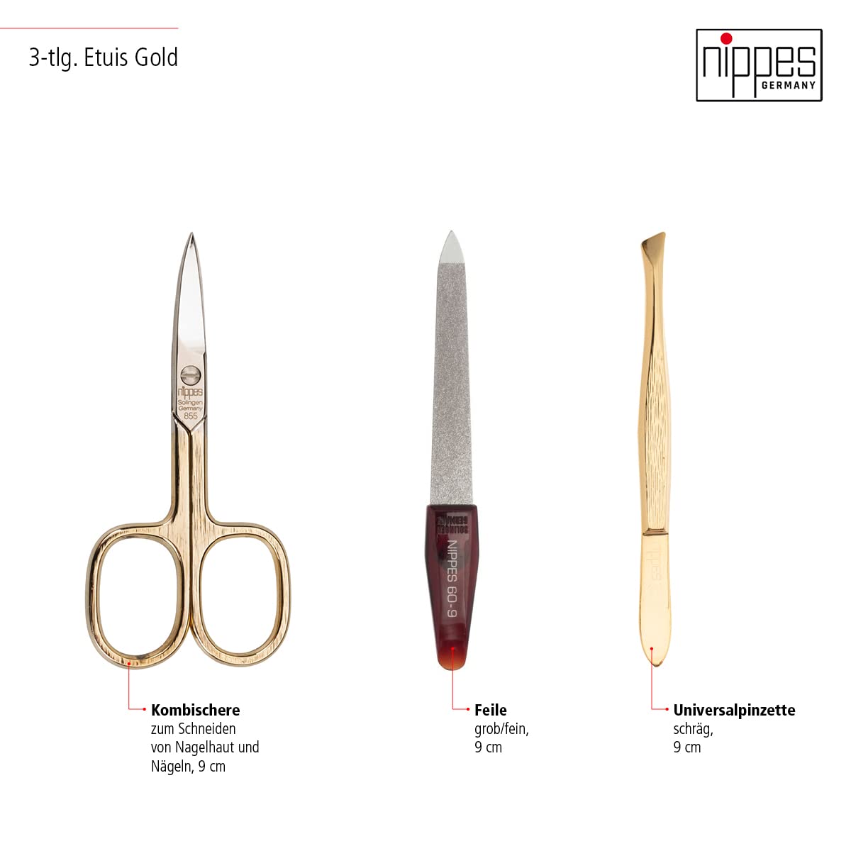 nippes Solingen Kit de manucure Croco 3 pièces, nickelé et plaqué or, kit de soin des ongles, étui en cuir de vachette au design croco, manucure pédicure, fabriqué en Allemagne