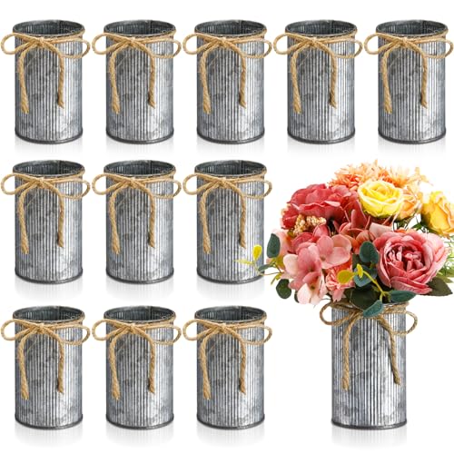Rustic Vase for Table Centerpieces 4.33 Inch Small Petite Flower Vase with Twine Bow Vintage Farmhouse Decor for Wedding Reception Dining Home Galvanized Metal Buckets(Iron Color 12 Pcs)
