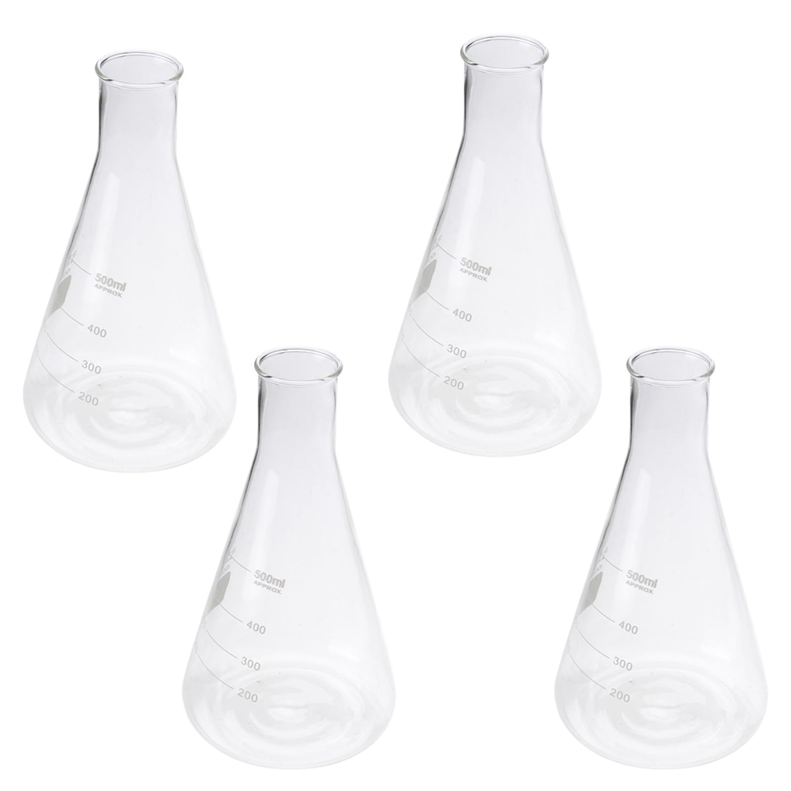 Matraces Erlenmeyer Cónicos de Vidrio de Borosilicato Juego de 4 Cuello Ancho y Medición Precisa para Experimentos en Clase de Química
