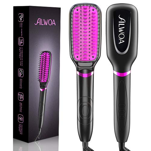 Hair Straightener Brush, ALWOA Double Negative Ionic 2-in-1 Straightening beard Brush with Anti-Scald Feature, NTC Control Security Protection,Temperature Locking & Auto-Off Function (Rose Gold/Black)