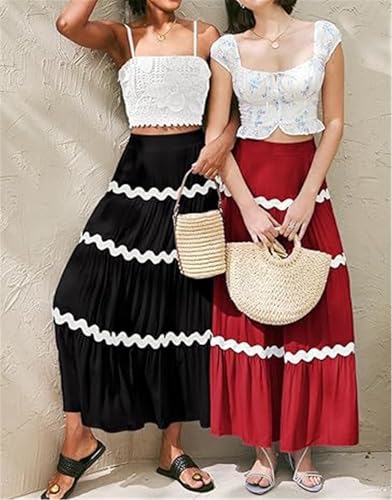 Womens RIC Rac Flowy Boho Maxi Skirts Elastic High Waist Wave Tiered A Line Long Beach Skirts4