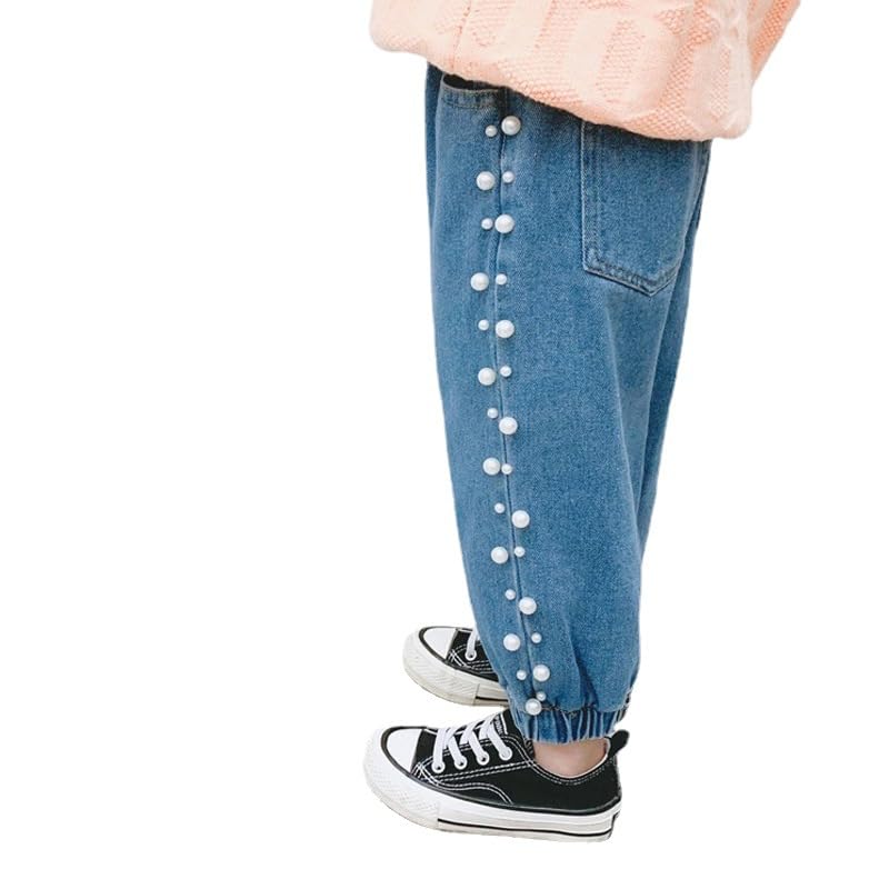 Girls Pearl Denim Jeans Soft Pants Leg Elastic Band Casual with Pockets Kids4