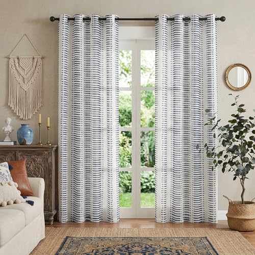 PONY DANCE Curtains 95 inch Long - Window Semi Sheers Faux Linen Textured Curtains Voile Light Filter with Slub Pattern Croix Striped Decor Match with Drapes, 50''W x 95''L in, Navy Blue, Set of 2