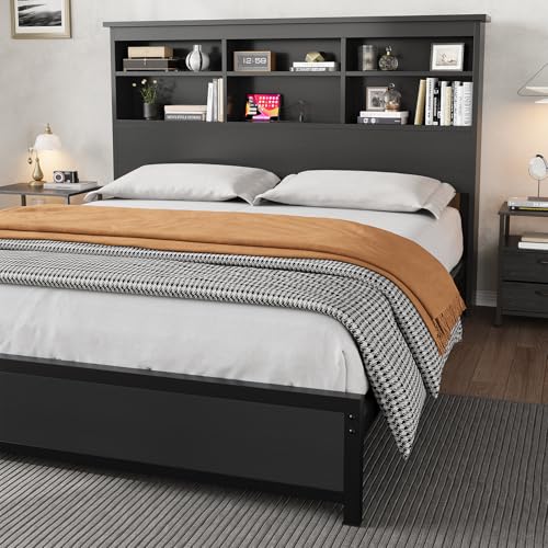 GarveeHome King Size Bed Frame with Bookcase Headboard, 2-Tier Storage King Platform Bed with Charging Station, No Box Spring Needed Easy Assemble Black Mattress Foundation