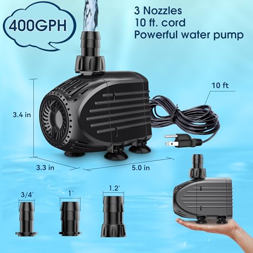 Image of NFESOLAR Ultra Quiet Submersible Water Pump 400GPH Size 5.0Lx3.3Wx3.4H in | 35W Fountain Pump with Dry Burning Protection, 10ft Cord, 8ft High Lift for Fountains, Waterfall, Aquariums KF205