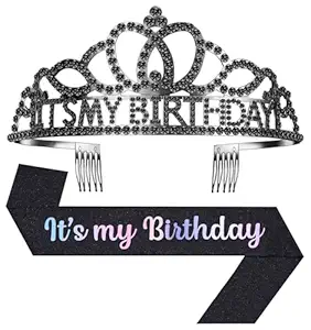 Birthday Tiara and Crown with Sash, Birthday Tiara for Women Party Black