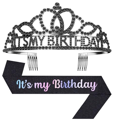 Birthday Tiara and Crown with Sash, Birthday Tiara for Women Party Black