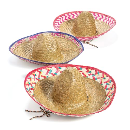 Fun Express Mexican Sombrero Hats 12 Pack - Authentic Straw Sombreros for Cinco de Mayo Fiesta Party Decorations | Adult Size Mariachi Style with Embroidered Details & Chin Cord Brown