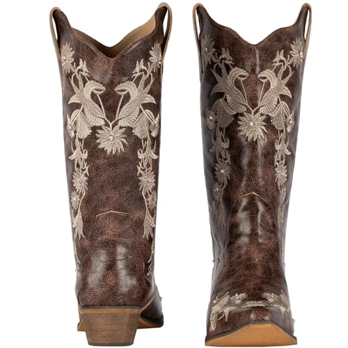 SheSole Women's Floral Embroidery Western Cowgirl Cowboy Boots Mid Wide Calf Country Wedding Boots Snip Toe Brown2