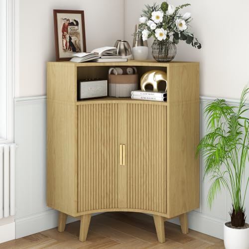 Image of Fluted Corner Cabinet with Open Storage, Modern Floor Cabinets with Sliding Doors and 2-Tier Shelves, Freestanding Narrow Organizer for Small Space,Living Room, Dining Room,Natural