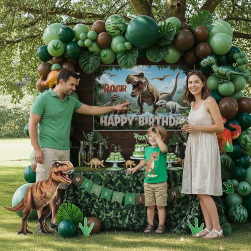 Image of Dinosaur Birthday Party Decorations Hunter Green brown balloon arch