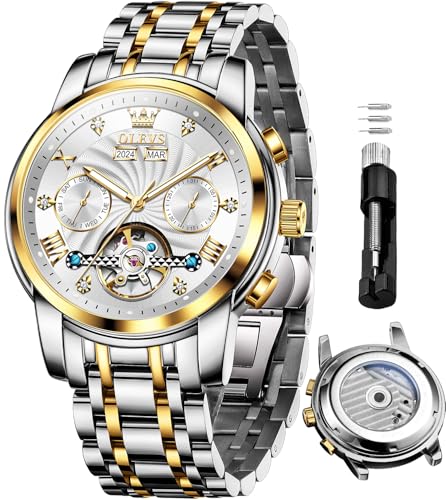 Image of OLEVS Automatic Watches for Men Business Dress Mechanical Watch Stainless Steel Waterproof Self Winding Classic Date Luxury Diamond Skeleton Men Wristwatch