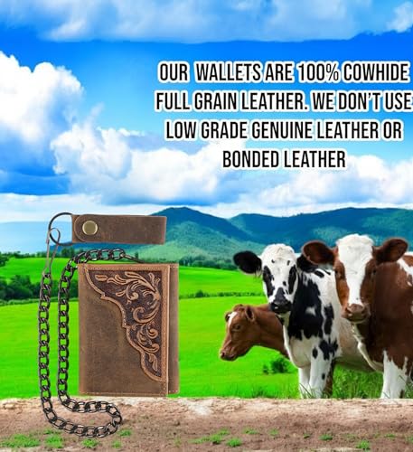Image of F&L CLASSIC RFID Blocking Men's Tri-fold Vintage Biker Cowhide Leather Steel Chain Wallet,Snap closure, brown, western style,315-83