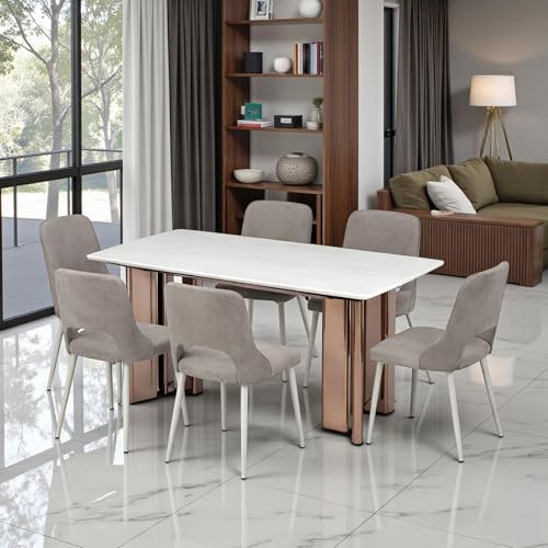 Image of The Attic Modern Edge 6 Chair Dining Set,Beige,Rose Gold & Cream,160Cms