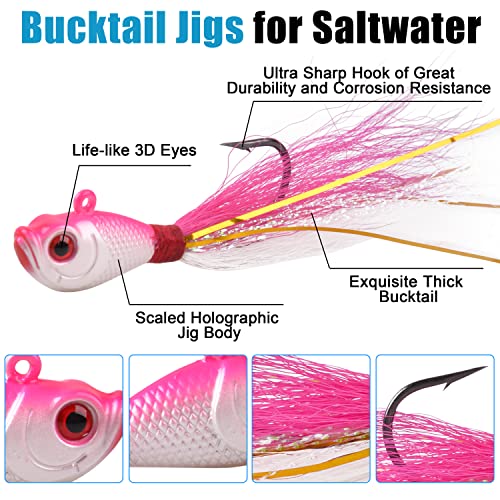 Bucktail Jigs Saltwater Fluke Lures, 5Pcs Bucktail Hair Jigs Head Flukes Fishing Lures Assorted Kit For Striped Bass Walleye Snook Rockfish Redfish 1/4Oz 1/2Oz 1Oz 1.5Oz 2Oz #TOP1